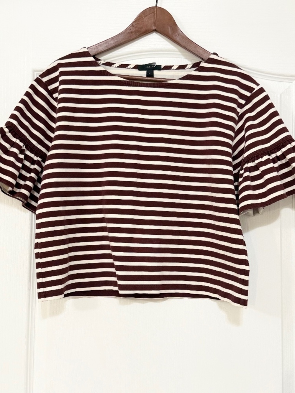 J. Crew Ruffle Sleeve Striped Top | Vintage Merlot Muslin | Size M